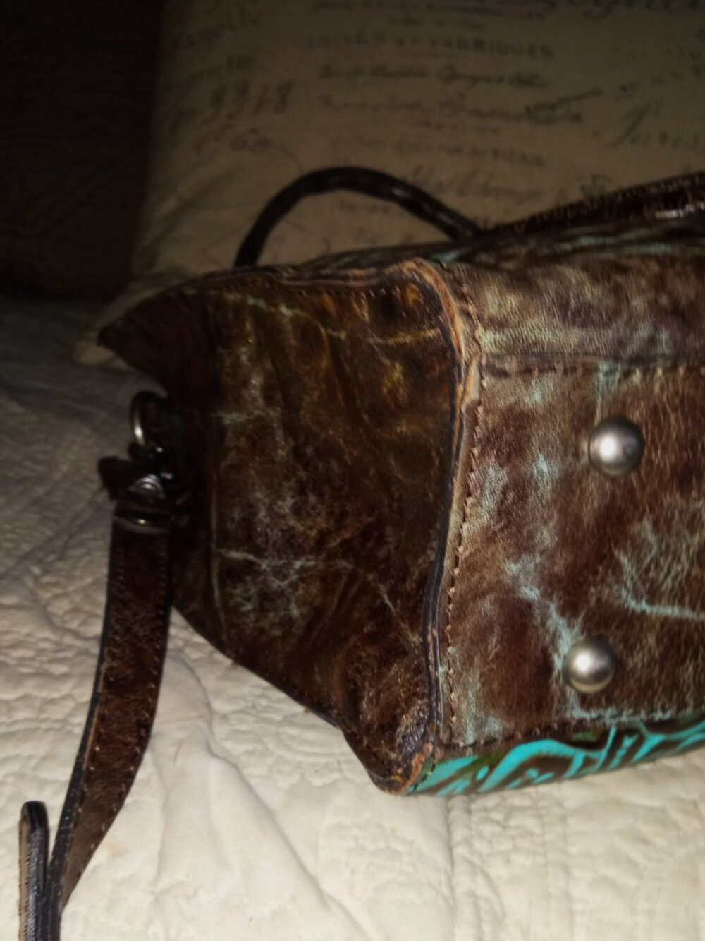 Patricia Nash Turquoise Brown Tooled Leather Satchel Crossbody Bag - Picture 7 of 10